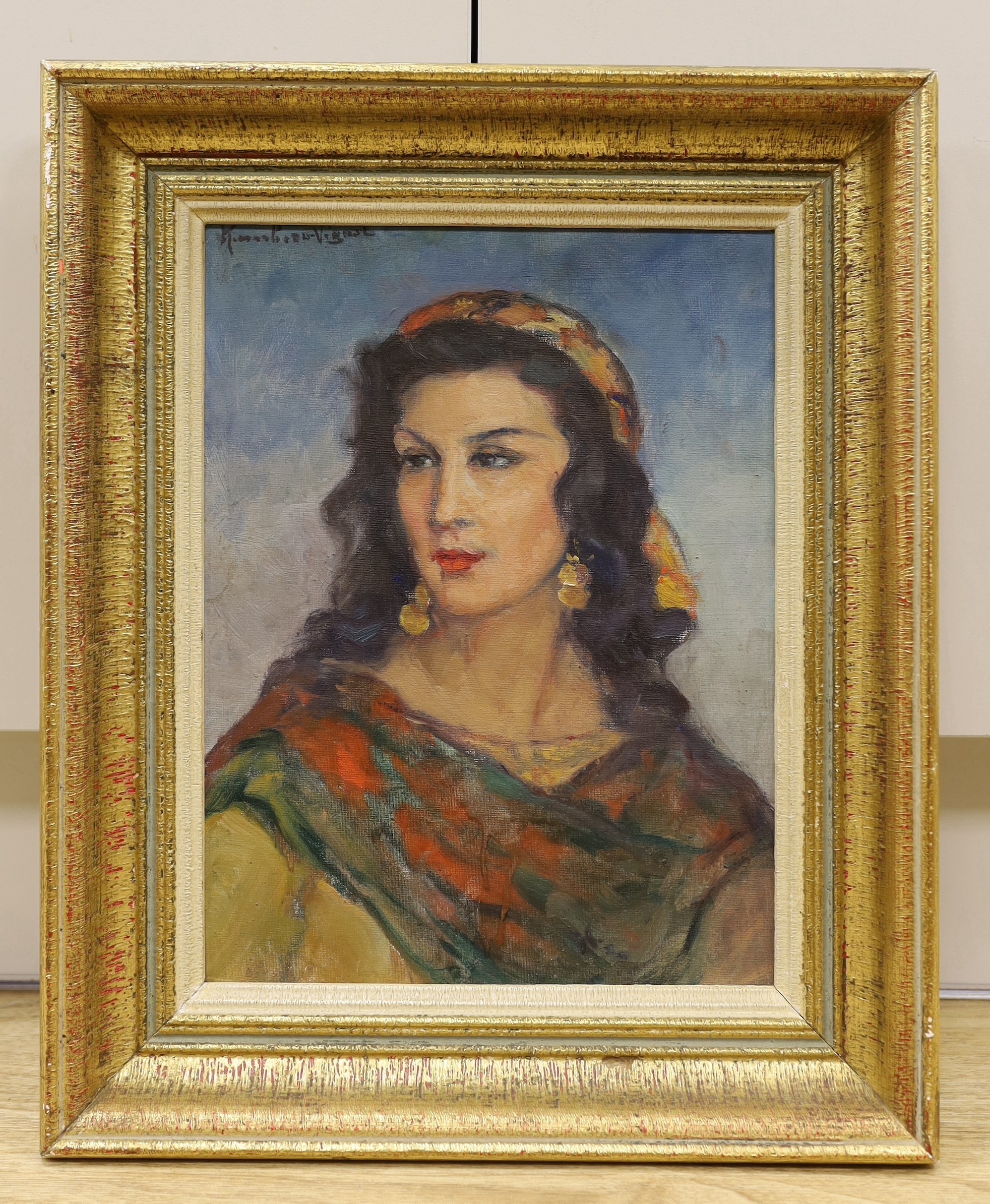 Humbert Vignol, oil on canvas board, Portrait of gypsy woman, indistinctly signed with French label verso, 34 x 25cm